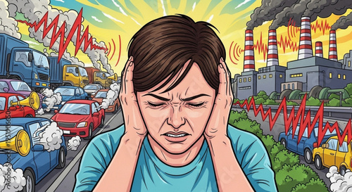 Woman covering ears from loud noise pollution from traffic and factories.