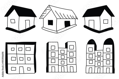 Architectural sketches of houses and buildings