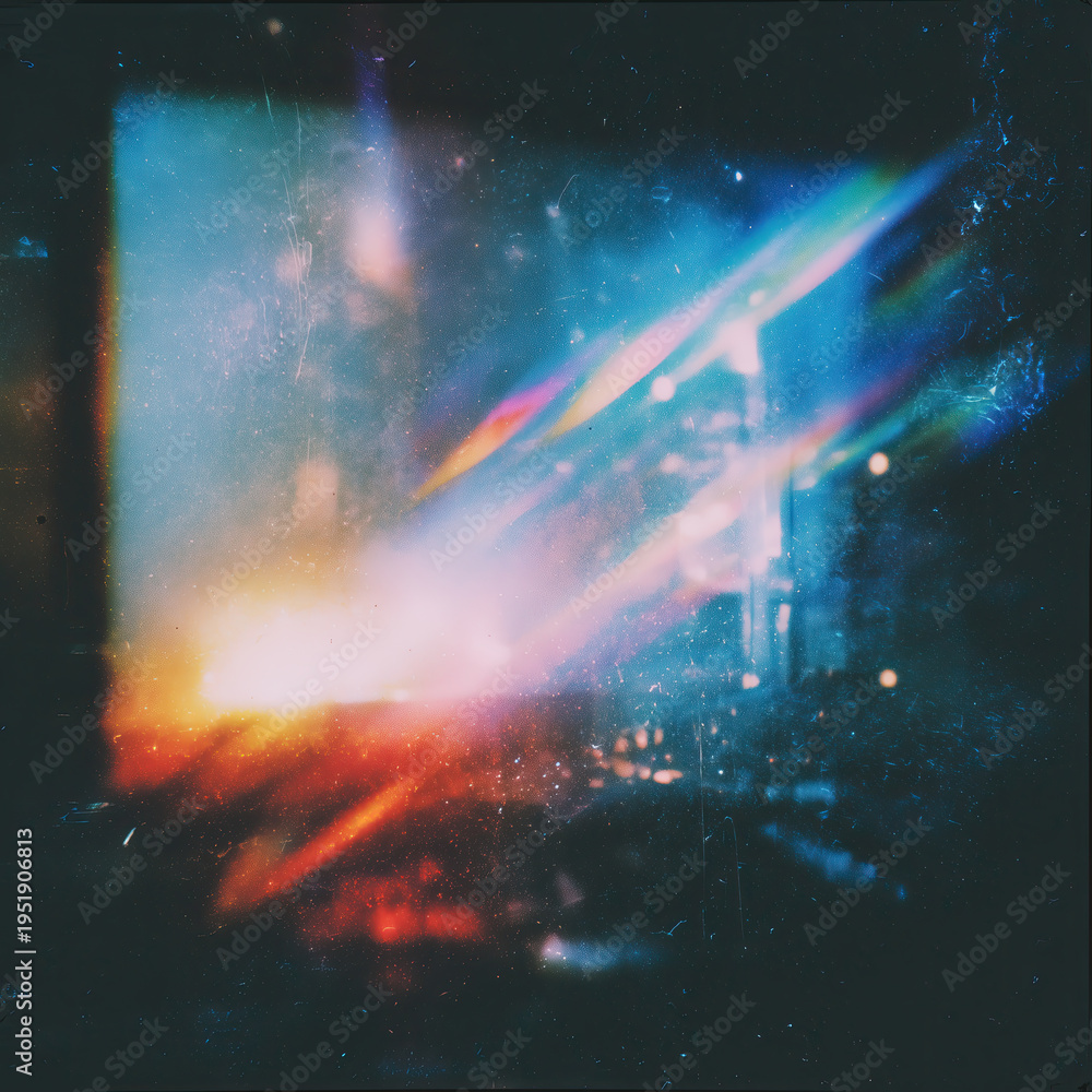 Obraz premium Abstract colorful light flare glare grunge scratches dust film texture vibrant dreamy blurred background artistic creative glowing spectrum blue orange