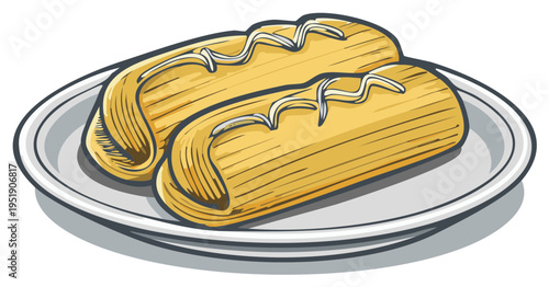 Cartoon illustration of two tamales on a plate