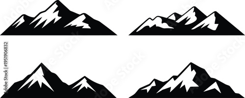 Four separate black silhouette mountain icons with snowy peaks presented against a bright white backdrop