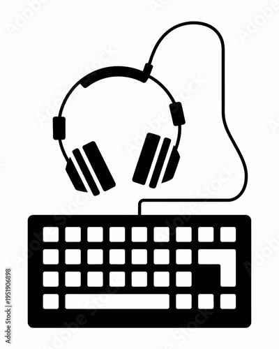 The image features a minimalist black silhouette of headphones above a computer keyboard.
