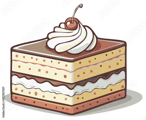 Cartoon Illustration: Delicious Layered Cake with Whipped Cream and a Cherry on Top