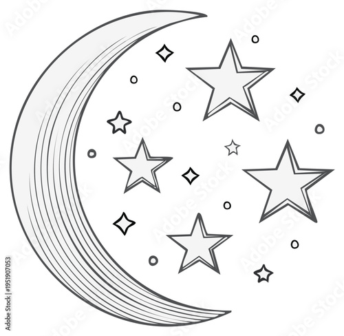 Crescent moon with shining stars and small dots scattered across a dark night sky concept