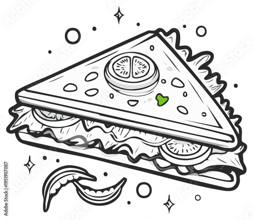 Illustrated sandwich with tomato slices, lettuce and decorative elements