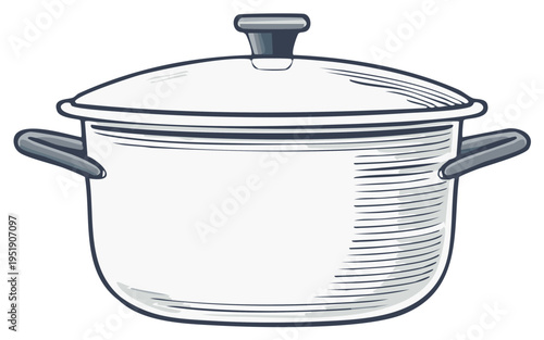 Hand Drawn Illustration of a White Stockpot with Lid and Handles