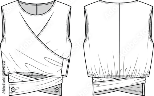 Technical CAD fashion flat vector illustration of women's sleeveless wrap crop top featuring a round neckline and buttoned crossover waistband.