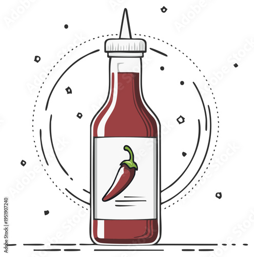 Hand drawn illustration of a chili sauce bottle with a red pepper label and abstract circular design elements