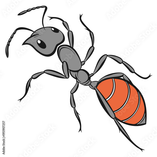 Cartoon ant illustration with grey body and red abdomen