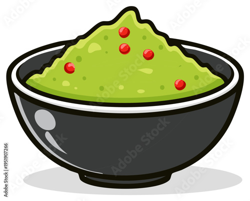 Fresh green guacamole in a dark ceramic bowl with red pepper flecks