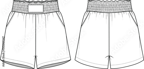 Technical CAD fashion flat vector illustration of women's high-waisted leggings featuring front seam details, elastic waistband, and bottom hem slits.