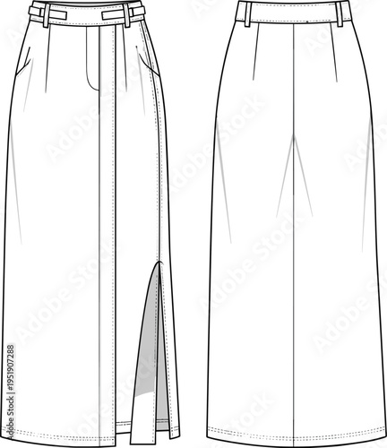 Technical CAD fashion flat vector illustration of women's elegant maxi dress featuring deep V-neckline, dramatic bell sleeves, and flared skirt.