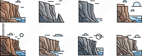 Coastal cliff icons set. Flat cartoon seaside landscapes with rocky cliffs, ocean water and minimal sky elements. Nature travel collection in clean vector style.