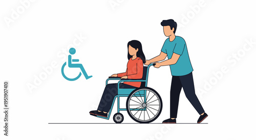 Aiding mobility and providing assistance a caring individual pushes a person seated in a wheelchair ensuring support and inclusivity for healthcare and community accessibility initiatives