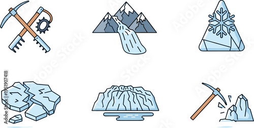 Arctic tools and glacier icons set. Flat cartoon ice mountains, snowflake, frozen rocks and ice axes. Winter exploration collection in clean vector style.