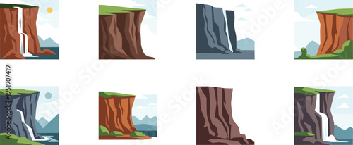 Cliff and waterfall landscape icons set. Flat cartoon nature scenes with rocky cliffs, cascades and mountains. Outdoor scenery collection in clean vector style.