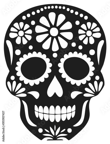 Traditional Black and White Sugar Skull with Floral Decorations
