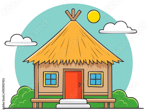 Colorful Cartoon Thatched Roof Stilt House with Red Door and Windows Under a Sunny Sky