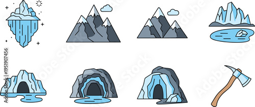 Arctic ice and mountain icons set. Flat cartoon glaciers, ice caves, frozen lakes and peaks with tools. Winter nature collection in vector style.