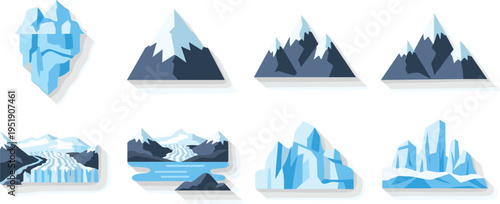 Arctic mountain and glacier icons set. Flat cartoon ice landscapes with snowy peaks, frozen lakes and icebergs. Winter nature collection in clean vector style.