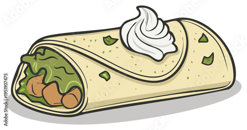 Delicious hand-drawn illustration of a large burrito with sour cream and green salsa