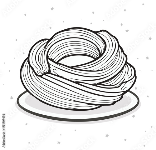 Hand-drawn pasta illustration on a simple plate with subtle starry background
