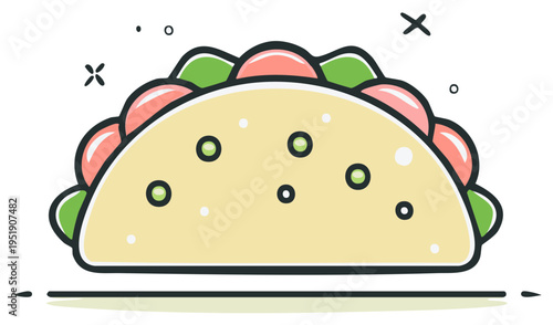 Colorful Taco Cartoon Illustration with Toppings, Isolated