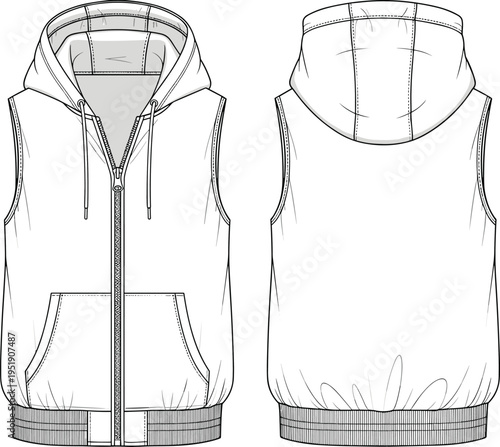 Technical CAD fashion flat vector illustration of unisex sleeveless zip-up hoodie vest featuring front kangaroo pockets, drawstring hood, and ribbed hem.