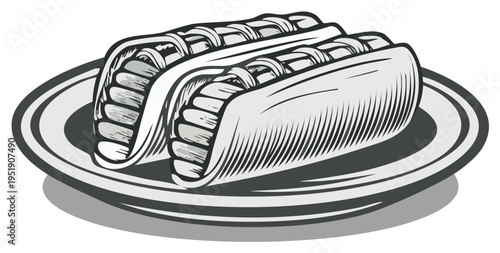 Two hot dogs on a plate fast food lunch retro etching vintage style illustration