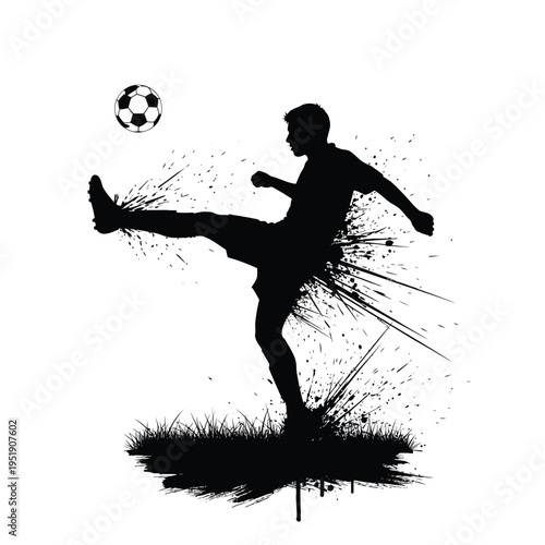 Soccer player kicking a ball in motion