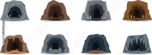 Cave entrance icons set. Flat cartoon rock caves with dark openings and stone textures. Underground nature collection in simple vector style.