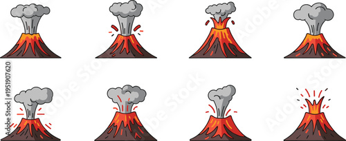 Volcano eruption icons set. Flat cartoon volcanoes with lava bursts, smoke clouds and explosive activity. Natural disaster collection of fiery mountain scenes in vector style.
