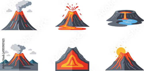 Volcano and lava icons set. Flat cartoon eruptions with magma, smoke and crater scenes. Natural disaster collection of volcanic activity in vector style.