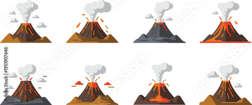 Volcano eruption icons set. Flat cartoon volcanoes with lava, smoke and ash bursts. Natural disaster collection of explosive mountain scenes in vector style.