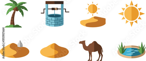 Desert oasis icons set. Flat cartoon elements with palm tree, water well, camel, dunes, sun and pond. Arid landscape collection in simple vector style.