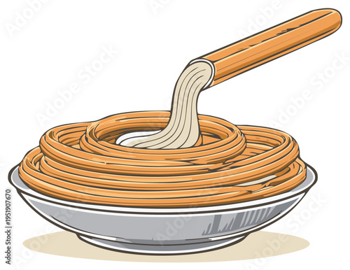 Sweet golden brown churros with dipping sauce inside ceramic bowl, vector illustration of tasty desert food