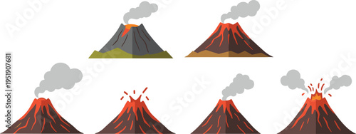 Volcano eruption icons set. Flat cartoon mountains with lava, smoke and explosive activity. Natural disaster collection of active volcano scenes in vector style.