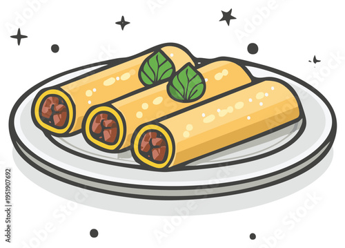 Delicious Cannelloni Pasta Dish Illustration with Basil Leaves on Plate Italian Cuisine Concept
