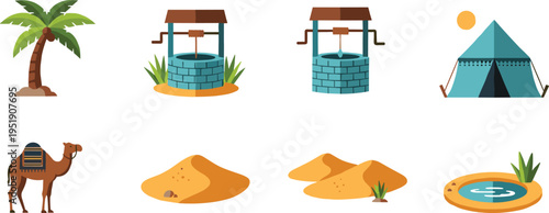 Desert oasis and travel icons set. Flat cartoon elements with palm tree, water well, camel, dunes and tent. Arid landscape collection in vector style.