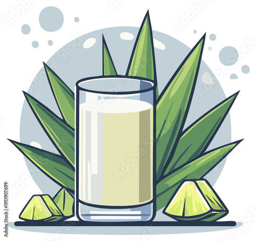 A shot glass filled with alcohol sits in front of agave leaves and slices of lime for a refreshing beverage.