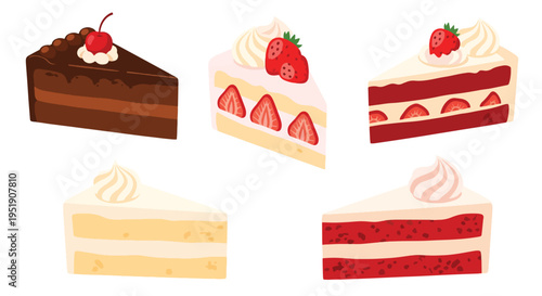 Selection of Dessert Slices with Strawberry Chocolate and Vanilla Flavors for Parties and Celebrations Displaying a Variety of Sweet Confections and Tempting Treats on a Plain Field