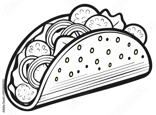 Outline Drawing of a Fully Loaded Taco with Fresh Ingredients and Crisp Shell
