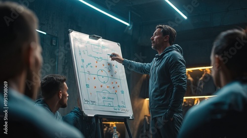 Soccer coach explaining tactics on a white board in a locker room to the team. AI generated image