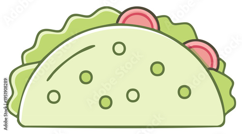 Cartoon taco icon with lettuce and tomato. Flat vector illustration of traditional Mexican food.