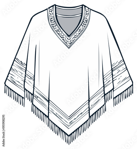Detailed Line Art of a Fringe Embellished Poncho with a V Neckline for Garment Design