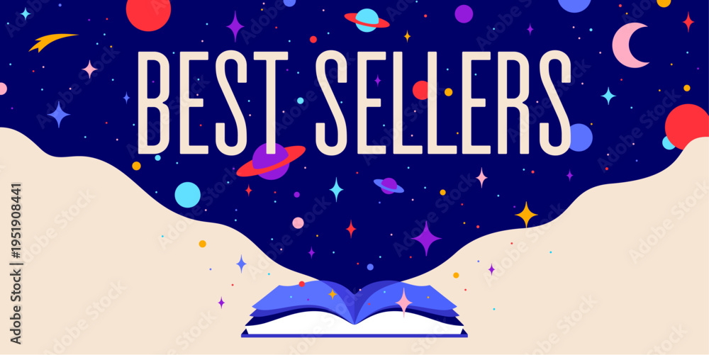 Naklejka premium Book, Imagination, Dreams. Text Best Seller. Cosmos book, space imagination. Open book storybook for children. Imagination magic world. Open library fantasy dream and storytelling. Vector Illustration