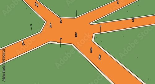 orange road intersection with people walking on green grass