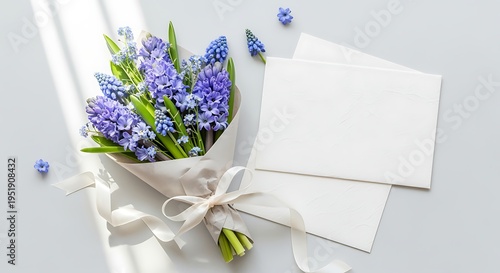 Bouquet of purple flowers with green leaves wrapped in white paper and tied with ribbon next to blank white cards on gray surface