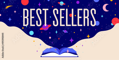 Book, Imagination, Dreams. Text Best Seller. Cosmos book, space imagination. Open book storybook for children. Imagination magic world. Open library fantasy dream and storytelling. Vector Illustration