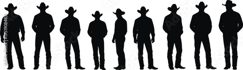 Cowboy Silhouette Collection Featuring American West Characters Wearing Traditional Hats And Boots For Country Theme Graphic Design And Vector Illustration.